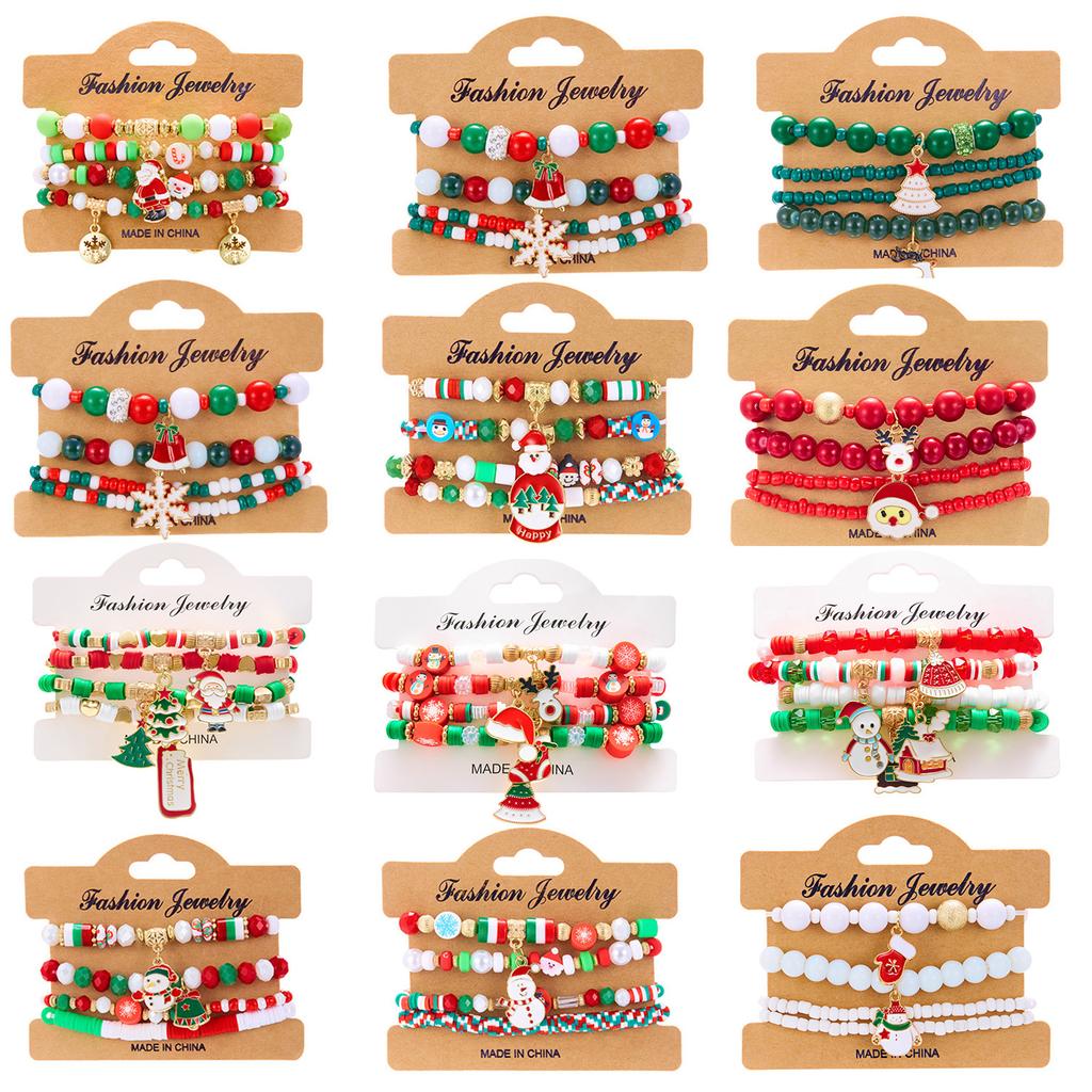 Christmas Bracelet - Colored Acrylic Snowflake Bell Elastic Bracelet - Christmas Set