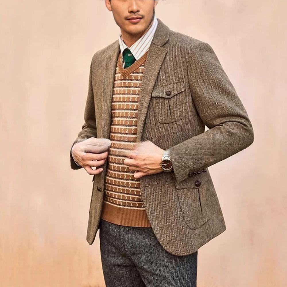 Men`s Lapel Collar Tweed Blazer Single‑Breasted
