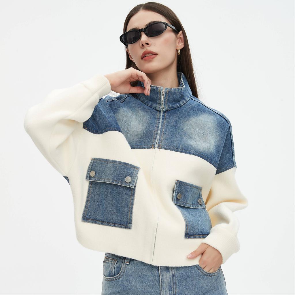 DIMANAF 2025 Autumn New Women Short Jacket Zipper Sweaters Coat Patchwork Coat Knitting Pockets Sweater