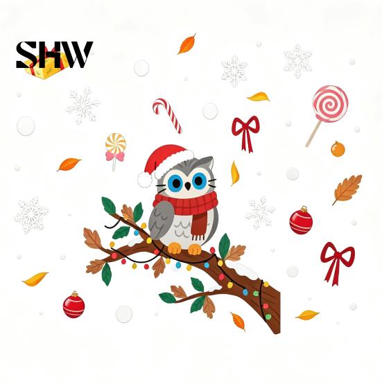 Self Adhesive Seasonal Wall Art Cute Christmas Owl Window Sticker, Snowy Branch Candy Glass Decal, Waterproof Festive Outdoor Xmas Decor for