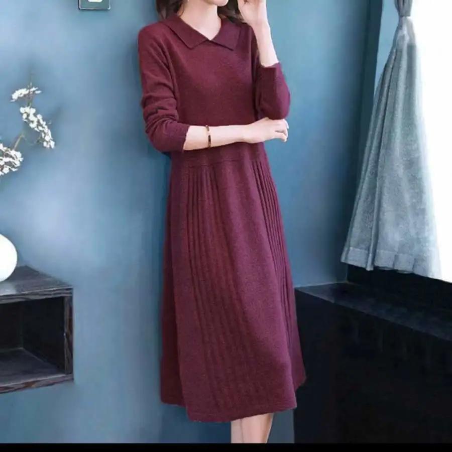 Women's Knitted Dress for Autumn and Winter Elegant Slimming Mid Length Long Sleeved Dress