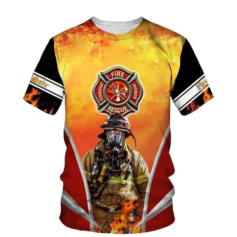 Summer Round Neck 3D Firefighter Print Top Fashionable Casual Short Sleeved Men's T-shirts