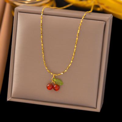Cute Stainless Steel Cherry Necklace Earring Natural Stone Beads Pendant Chain Necklace Women's Fashion Wedding Gift