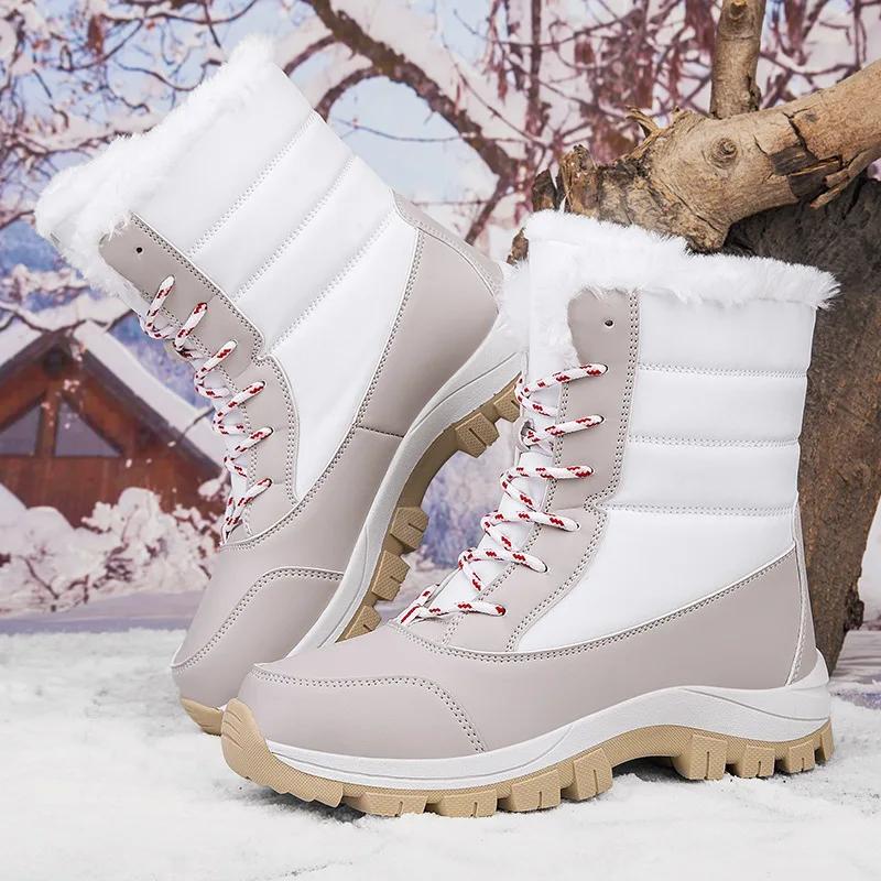 Fashion New Winter Outdoor Anti Slip Snow Boots for Women with Thick Fleece and Warm Mid To High Cut Skiing Cotton Shoes Women Shoes