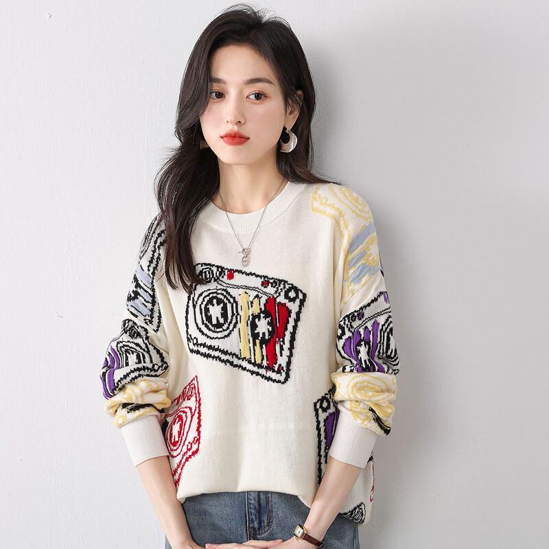 Mokaona Women's Stylish Loose-Fit Jacquard Wool Sweater