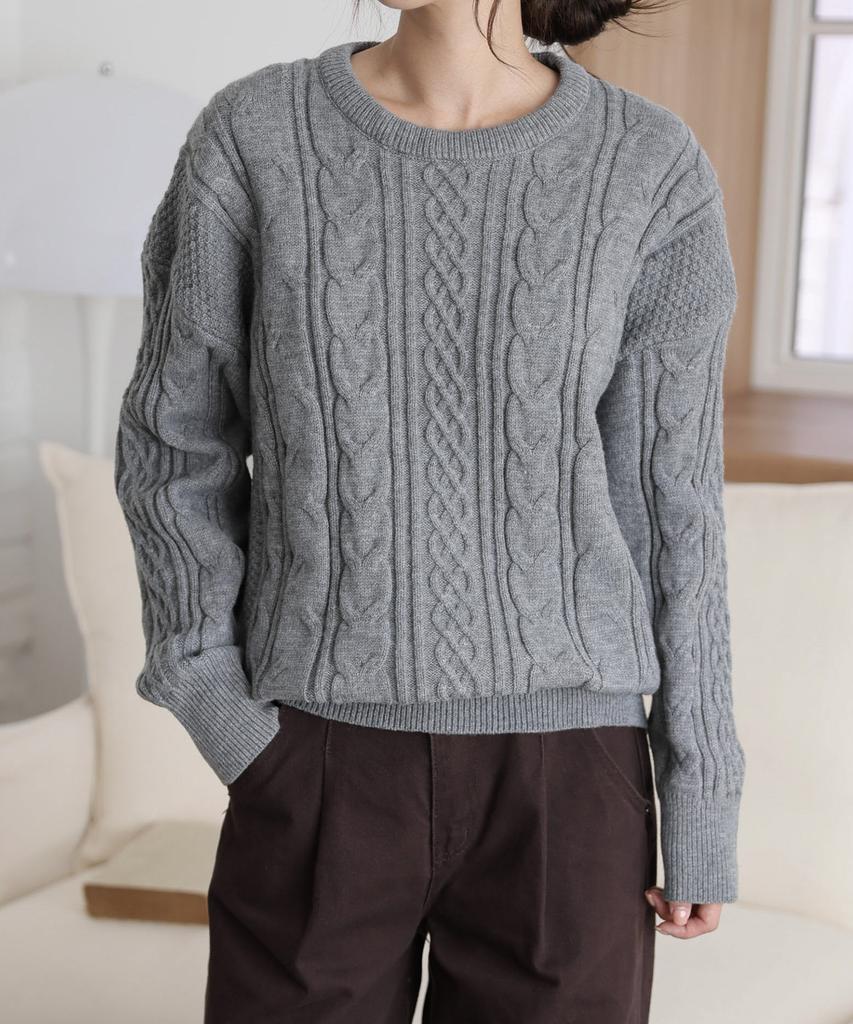 Ppaeppae Round Neck Voluminous Cable Knit Loose Fit Long Sleeve Knit T-Shirt 4 Colors
