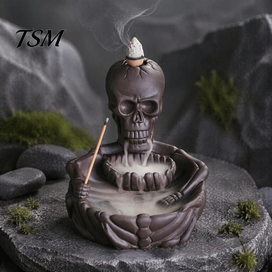 Meditation Tea Room Accessories Skeleton Incense Burner, Backflow Waterfall Cone Holder, Gothic Skull Creative Smoke Stick Holder for Halloween
