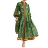 Bohemian Style Long Sleeve V Neck Dress with High Waist Tie and Lantern Sleeves Midi Length Printed Casual Dress for Women