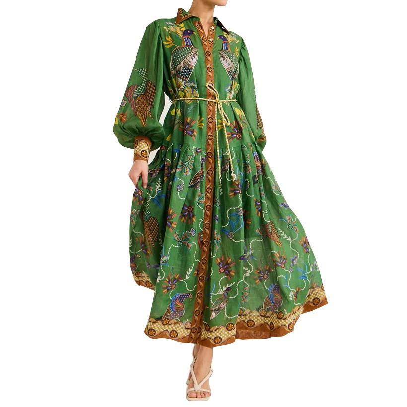 Bohemian Style Long Sleeve V Neck Dress with High Waist Tie and Lantern Sleeves Midi Length Printed Casual Dress for Women