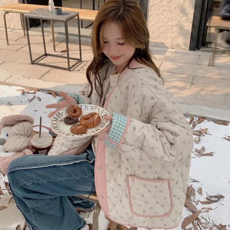 Winter Women's Tops Floral Quilted Cotton-padded Jacket Outerwear Double-sided Wear Mid-Length Cotton-Padded Jackets