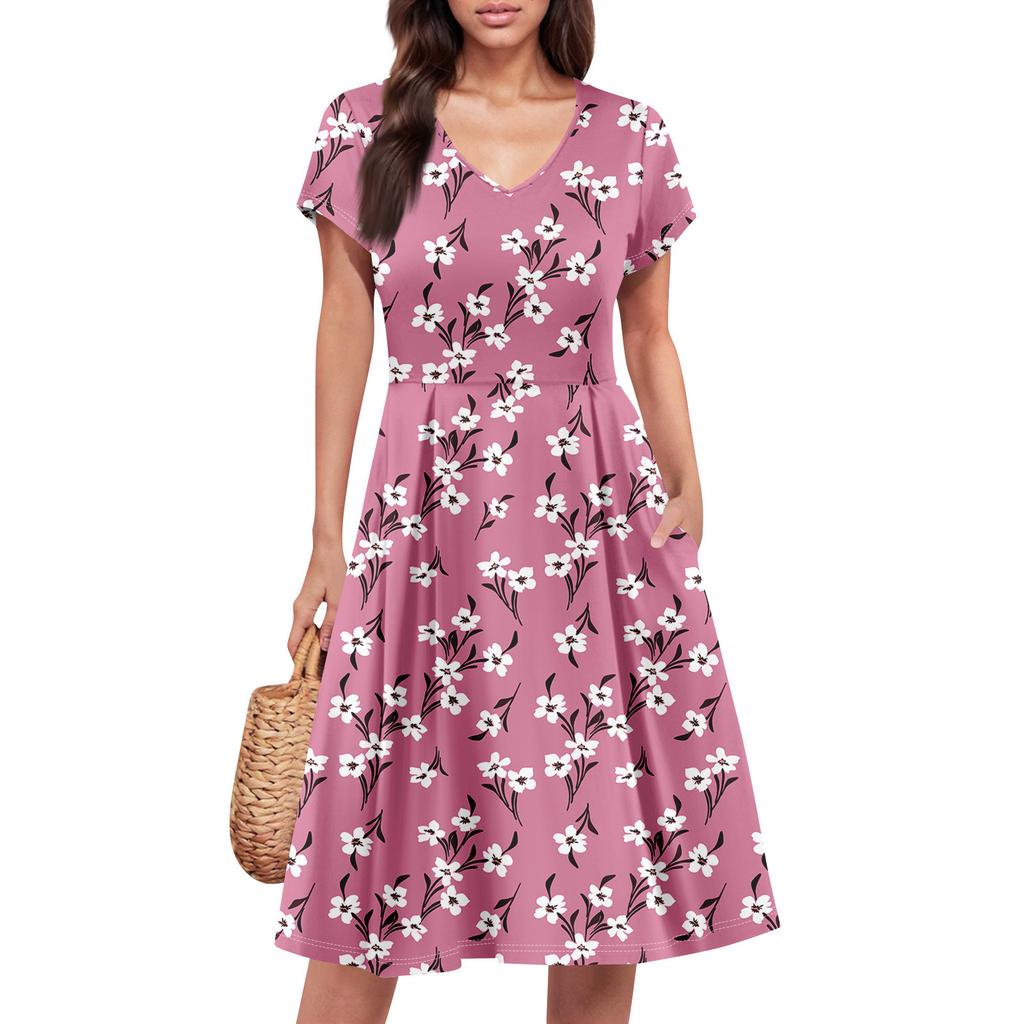 Womens Summer Dress Short Sleeve V Neck Short Dresses Fashion Casual Flowy A Line Swing Sundress With Pocket