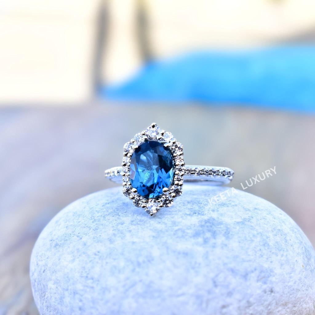 london Blue topaz ring, Oval cut blue Topaz Halo Ring, Blue stone 925 silver Engagement ring, proposal Ring , gifts for mother's day