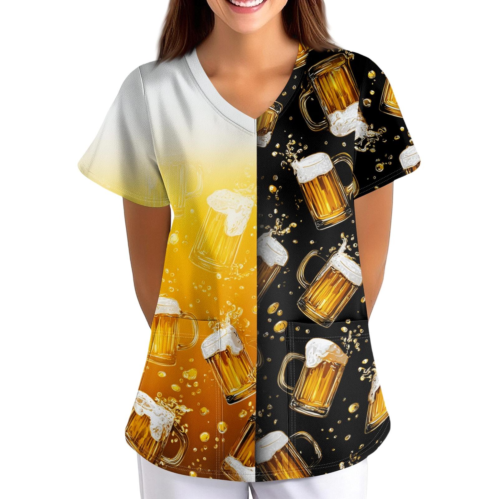 Women Loose Fit V Neck Pocket Short Sleeve Medical Scrub Top Beer Festival Print Nurse Uniform Workwear M кофейный