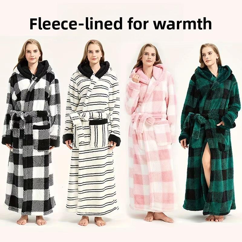 Couple Bathrobe Men Women Coral Fleece Hooded Robe Winter Thick Warm Plaid Striped Long Sleep Robe Home Spa Loungewear Bath Robe