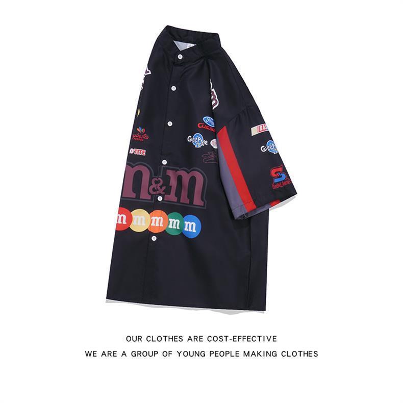 Men's American Retro Hiphop Street Racing Short-Sleeve Summer Shirt - Trendy, Motorcycle-Inspired, Loose, Thin Design