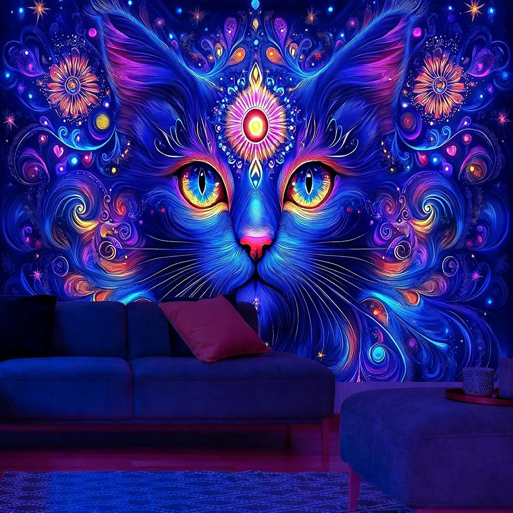 Glowing Cat Tapestry Vivid Night Art Uv Reaction Tapestry Background Decoration Wall Hanging Bedroom Party Decoration