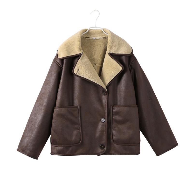 

Женские винтажные меховые кожаные куртки в стиле пэчворк, осенняя мода, однобортное замшевое пальто с воротником-стойкой, с длинными рукавами, уличная одежда S коричневый