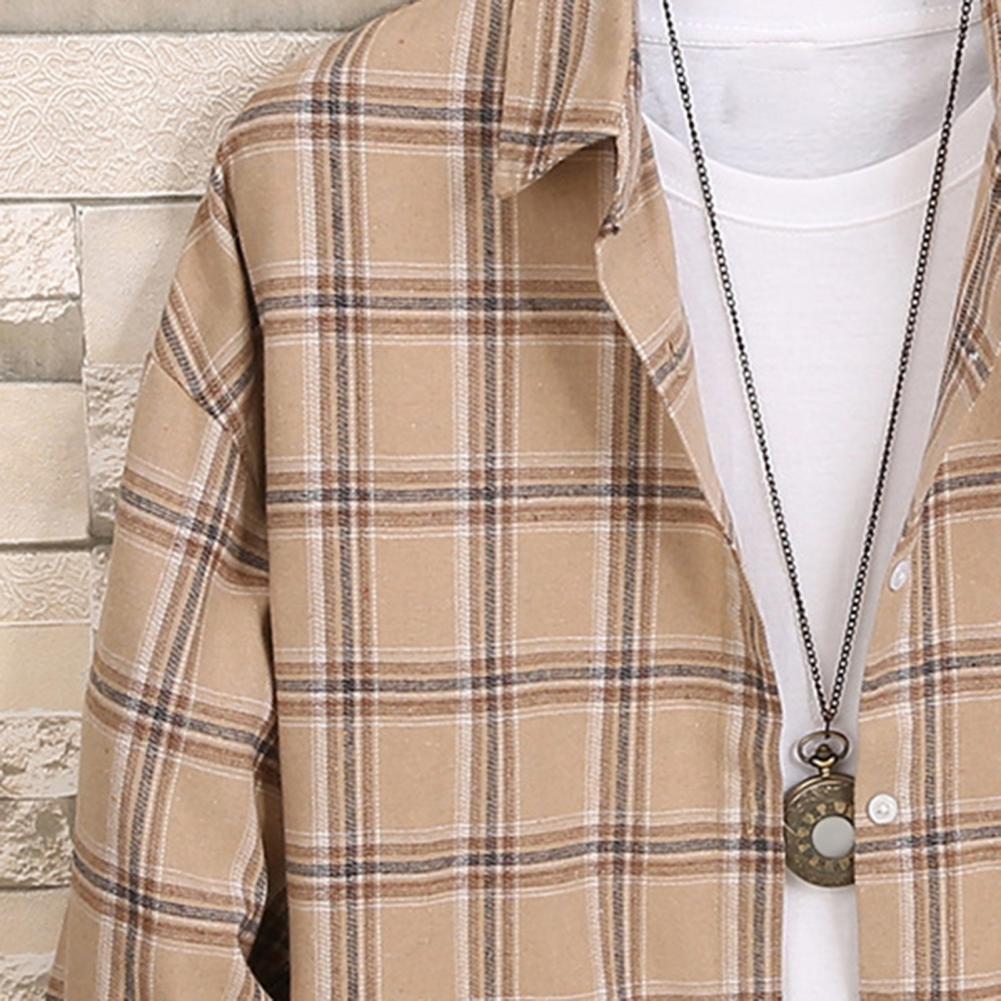 Herre Vår Høst Skjorte Nedslått Krage Enkeltspent Rutete Trykk Langermet Løs Passform Japansk Stil Cardigan Formell Business