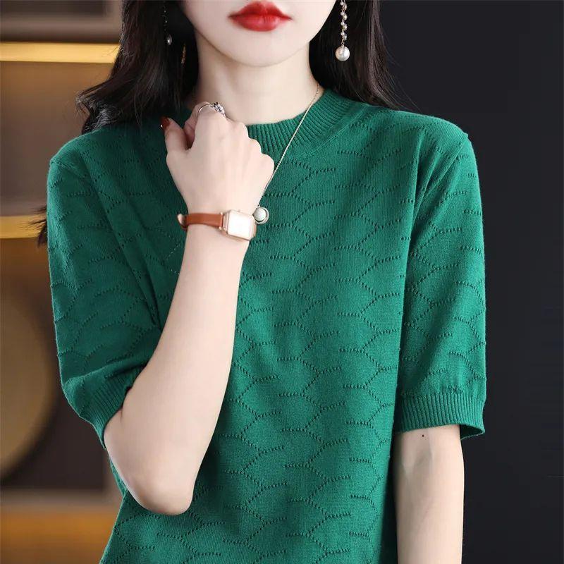 Summer Women's Knitted T-shirt Hollow Round Neck Solid Color Jacquard Korean Version Loose T-shirt Top