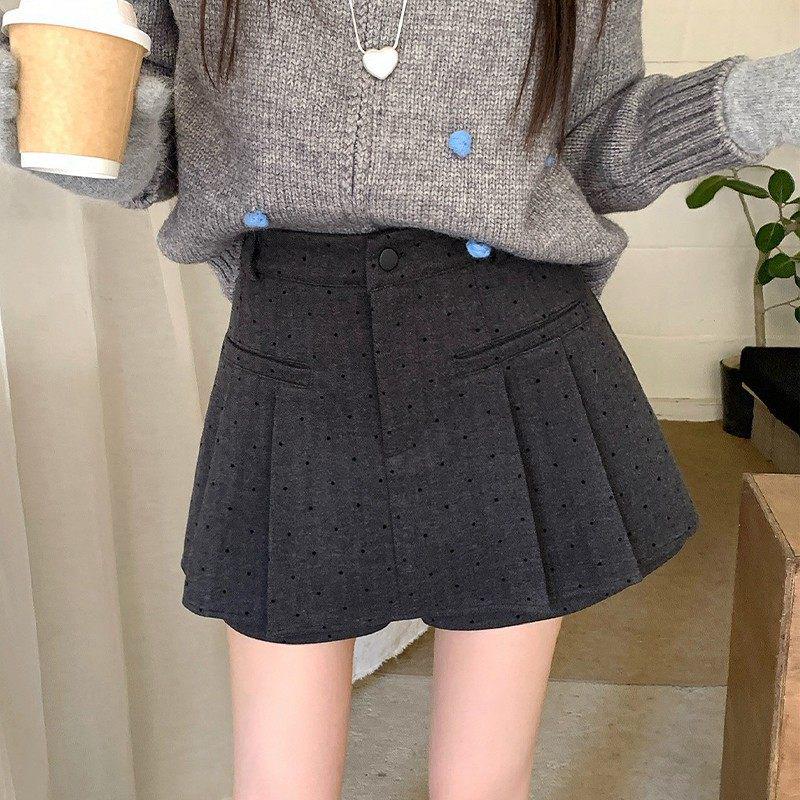 

Women s Plus Size High Waist Gray Polka Dot Wool Blend Pleated Skirt - Slimming, Anti-Exposure, Autumn/Winter Collection. XL 120-135 lbs серый