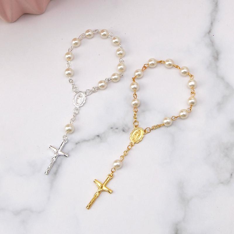 NIEUW Katholiek Kruis Vingerketting Mini Rozenkrans Vinger Doop Rozenkransen Nep Parels Armband voor Doopsuiker Doop
