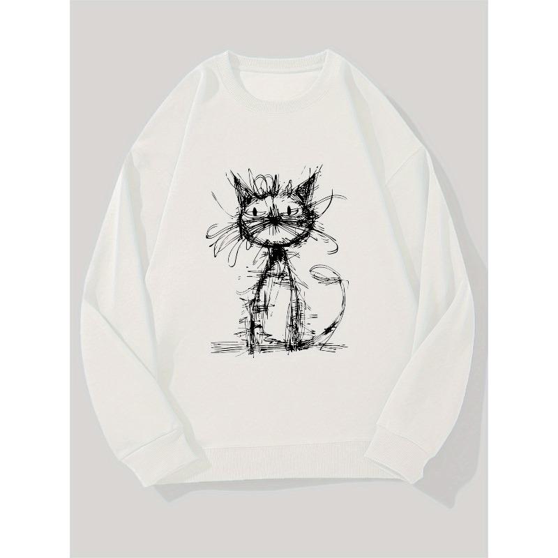 Men's White Hand-Drawn Black Cat Line Art Sweatshirt - Oversized Casual Crewneck Sweater with Minimalist Feline Design