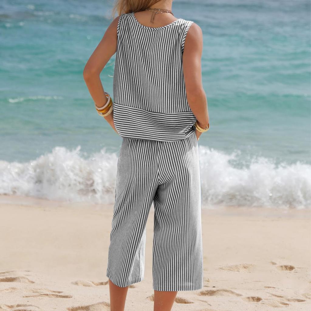 Womens  2 Piece Outfits Striped Sleeveless Top And Wide Leg Pants Sets