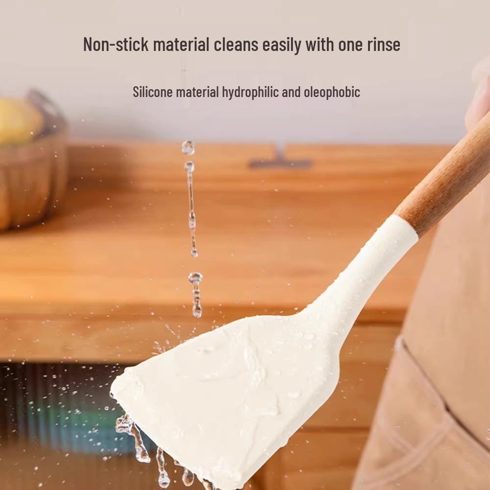 Silicone Spatula & Ladle Set with White Wood Handles - Non-stick Kitchenware for Stir-fry & Baby Food