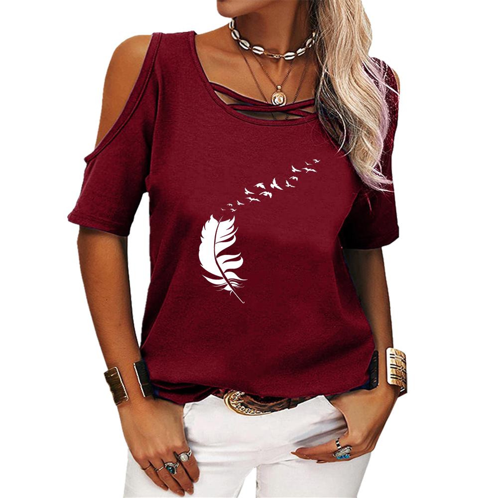 Women Fashion Round Neck Tee Shirt Summer Off Shoulder Top Casual Print Short Sleeve T-shirt