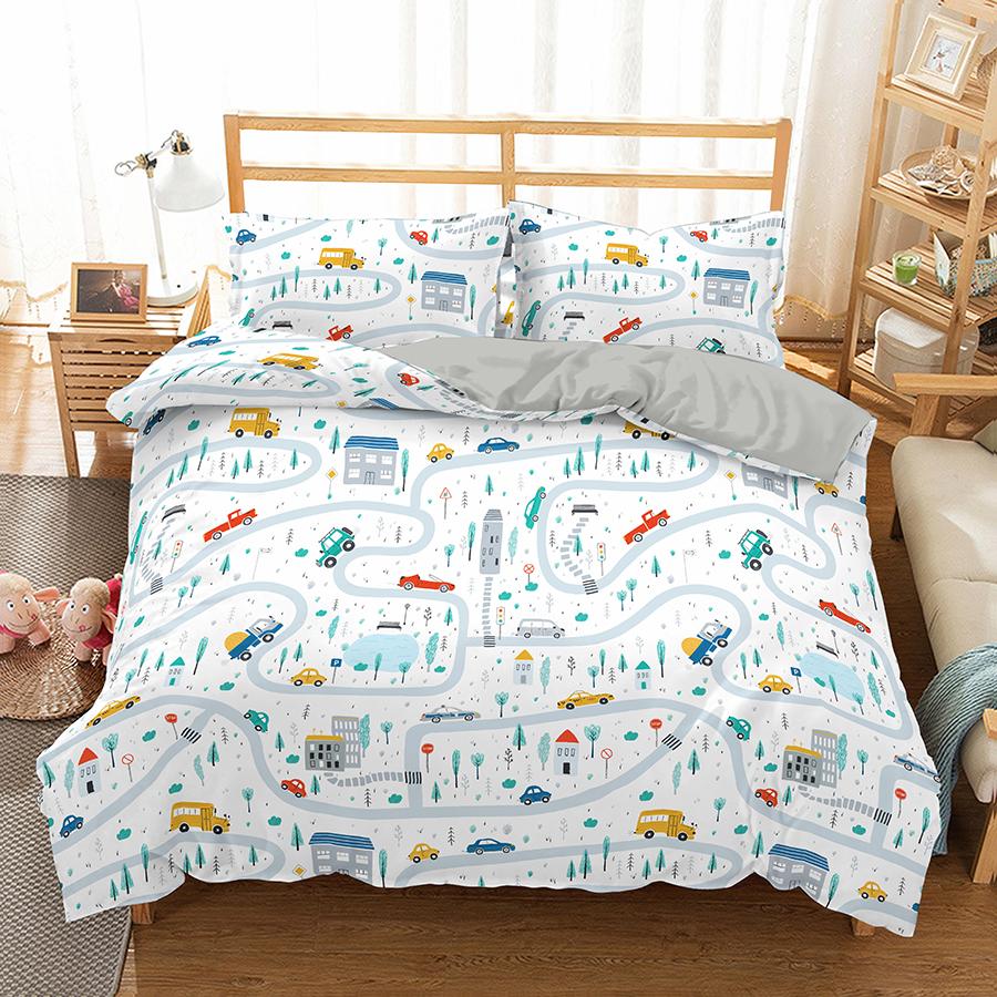 Set Copripiumino Guida di Viaggio Motivo Cartone Animato Percorso Auto Casa Edificio Set Biancheria da Letto Microfibra Tema Viaggio Misura King Copripiumino