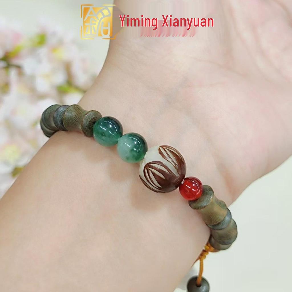 Yi Ming Xian Yuan Lotus Pod Green Sandalwood Beaded Bracelet | Bamboo Joint Design | New Chinese Couple Style Prayer Bracelet