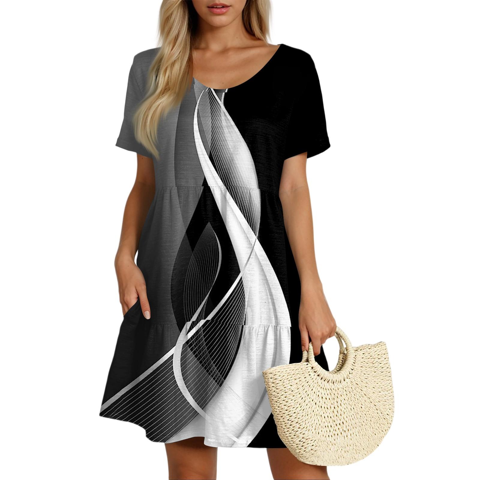 

Women s Casual Fashion Round Neck Short Sleeve Retro Cake Skirt M чорний
