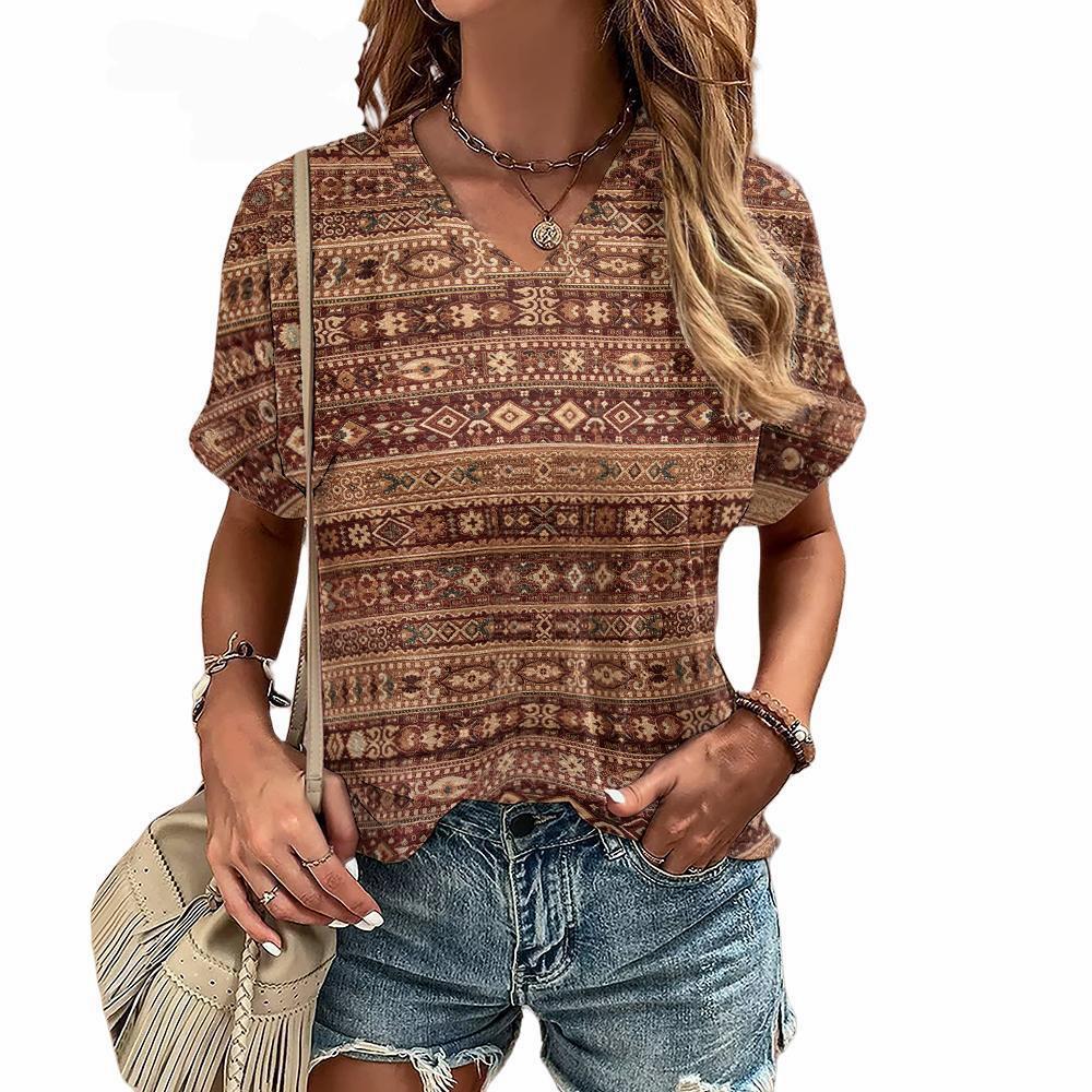 Boho Graphic 3D Print T-Shirts Women's Summer V-Neck Short Sleeve T Shirt Y2K Retro Tees Oversized Harajuku Tops Female Clothing
