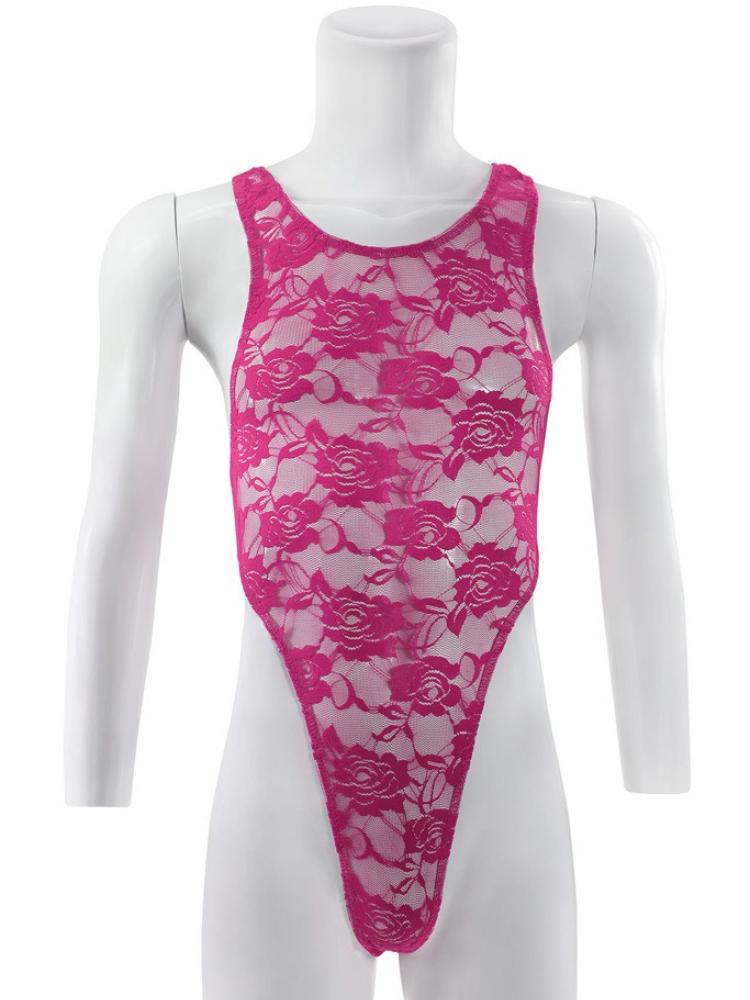 Mens See Through Bodysuit Sexy Mesh Lace Floral One Piece Swimsuit Sissy Lingerie Thong Leotard Jumpsuit Suspenders Singlet