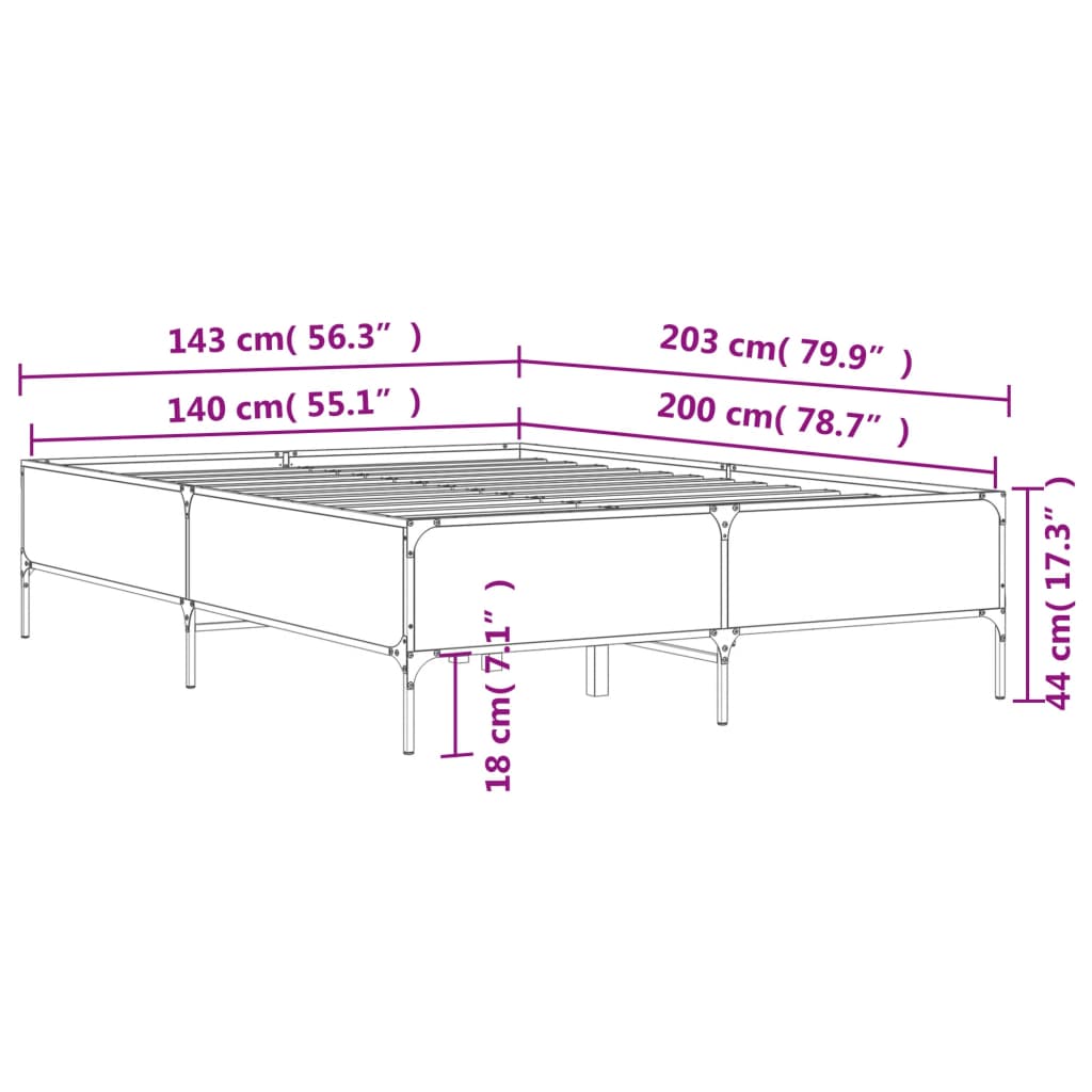 Bed Frame Gray Sonoma 140 x 200 cm Particleboard and Metal
