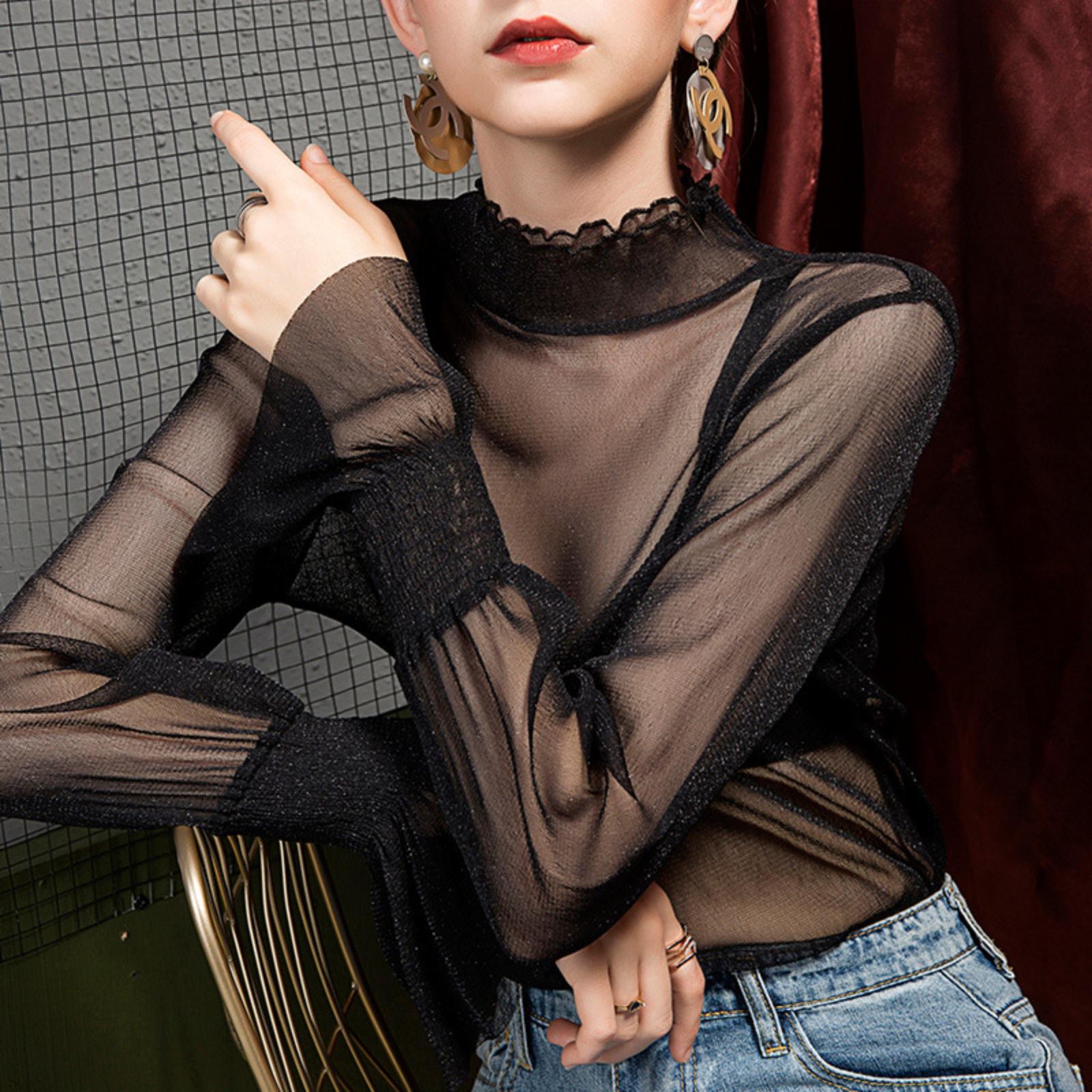 

Женский топ-базовый слой с сетчатым воротником в два слоя, топ со стоячим воротником, пышными рукавами и прозрачным внутренним слоем, блузка с длинным рукавом XL