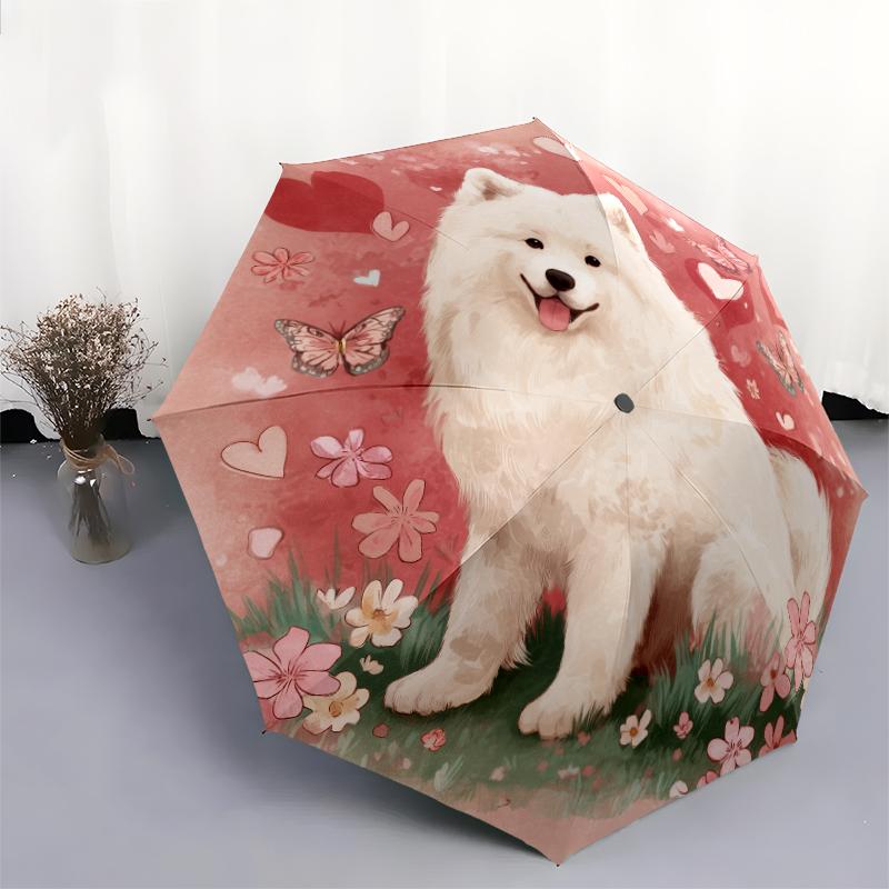 Happy Samoyed Pattern, Automatic Folding Umbrella, Portable and Foldable Design, 8 Ribs, a Christmas or Birthday Gift.