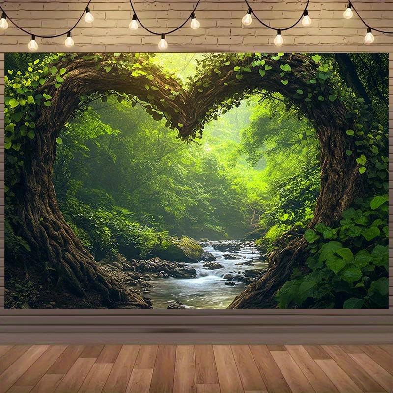 1 piece heart-shaped tree frame background with tranquil streams and lush greenery-durable polyester background tapestry 100X70CM