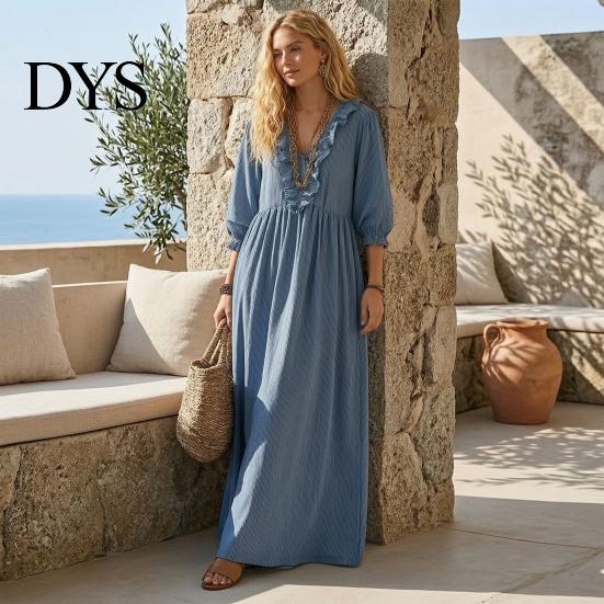 Quarter Sleeve Dress Women Summer Long Dress, 3/4 Ruffle V Neck Slimming Maxi Casual Loose Fit Flowy Beach Vacation Sundress