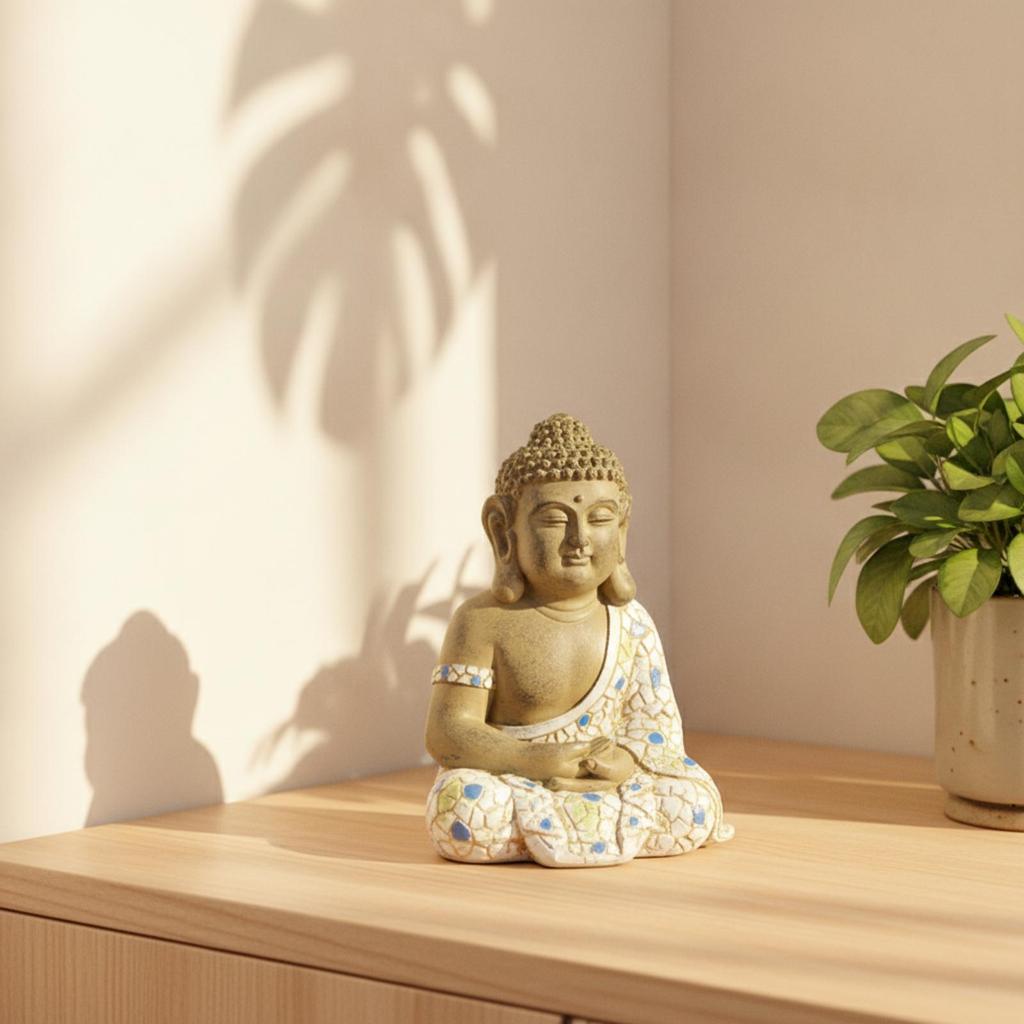 Garden Ornament with Mosaic Finish Meditative Style Mini Buddha Statue Stone