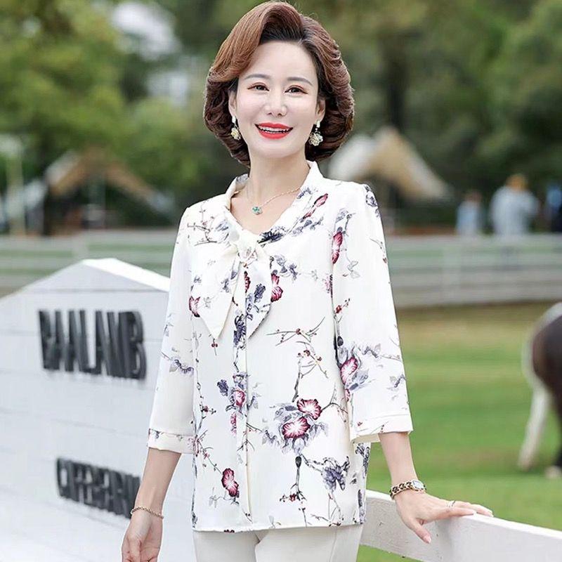 Cămașă de șifon cu mâneci trei sferturi și panglică pentru femei, ținută de vară pentru mamă, cămașă largă și subțire