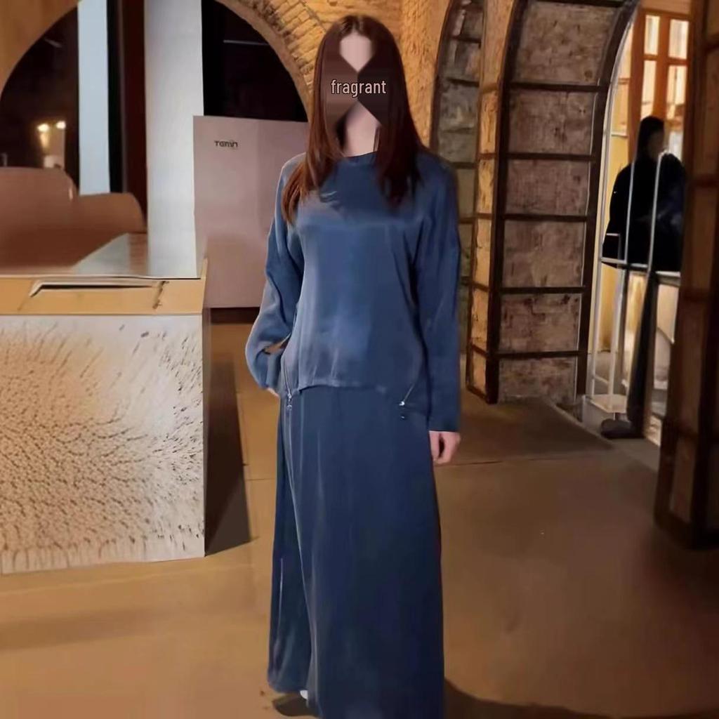 2024 Spring Women's Retro Solid Color Set: Loose Top & Midi Skirt