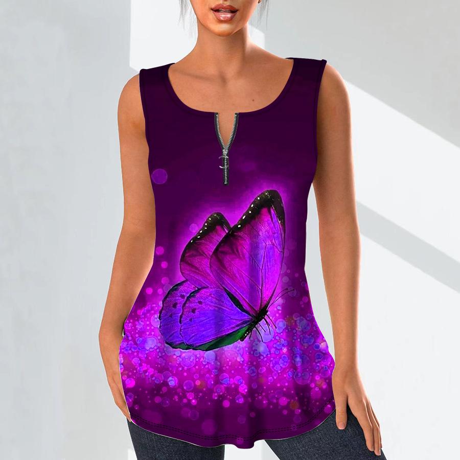

Женские модные рубашки с v-образным вырезом, повседневные топы, футболка, женский жилет с 3D синим принтом бабочки, блузка без рукавов больших размеров, топы на бретелях 6XL фиолетовый
