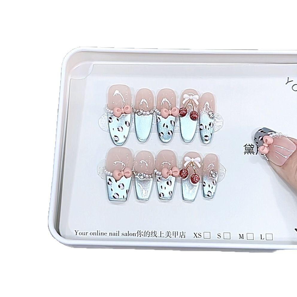 Hand-woven Armor Blue Cherry Three-dimensional Hand-painted Big Cherry Leopard Print Cat Eye Style Pure Temperament Manicure Sticker