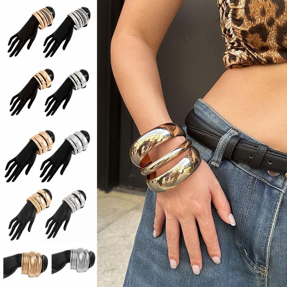 3/4/6/8Pcs Multilayer Exaggerated Cuff Bracelet Vintage Smooth Bracelet Set  Jewelry Accessories