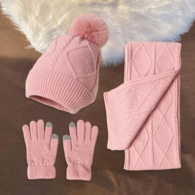3Pcs/Set Women Winter Hat Scarf Gloves Set Plush Ball Decor Rhombus Texture Knitting Hat Long Scarf Touch Screen Gloves Set