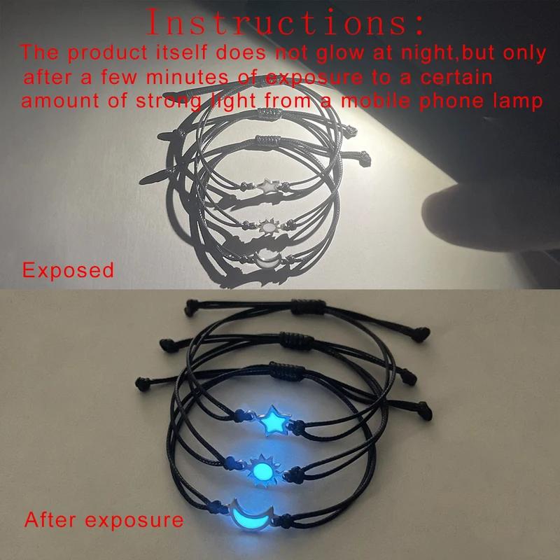 3PCS Glow in Dark Sun Moon Star Bracelet Set Handmade Woven Rope Trendy Jewelry Couple Accessories