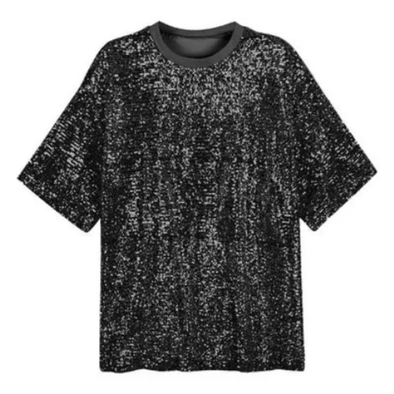 Koreanischer Frühling Sommer Midilänge BF-Stil Halbarm Pailletten T-Shirt Top Glänzend Locker Kleid