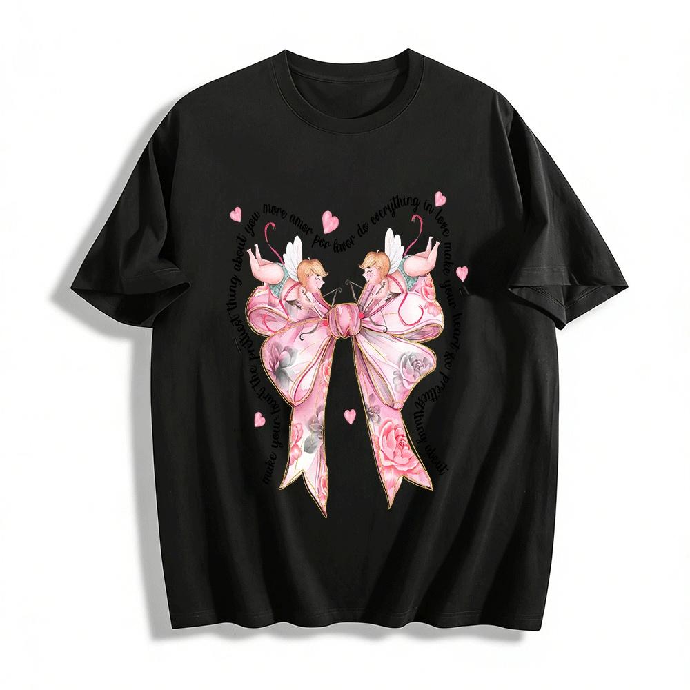 Cupid & Bow Print Tee Romantic Love Themed Casual Top Pure cotton T-shirt XXS