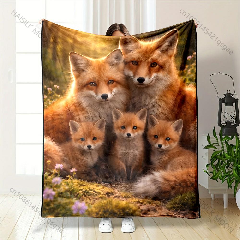 Multiple sizes Fox family in sunny forest Print Blanket Warm Soft Suitable for All Seasons for Home Sofa Travel Camping Picnics